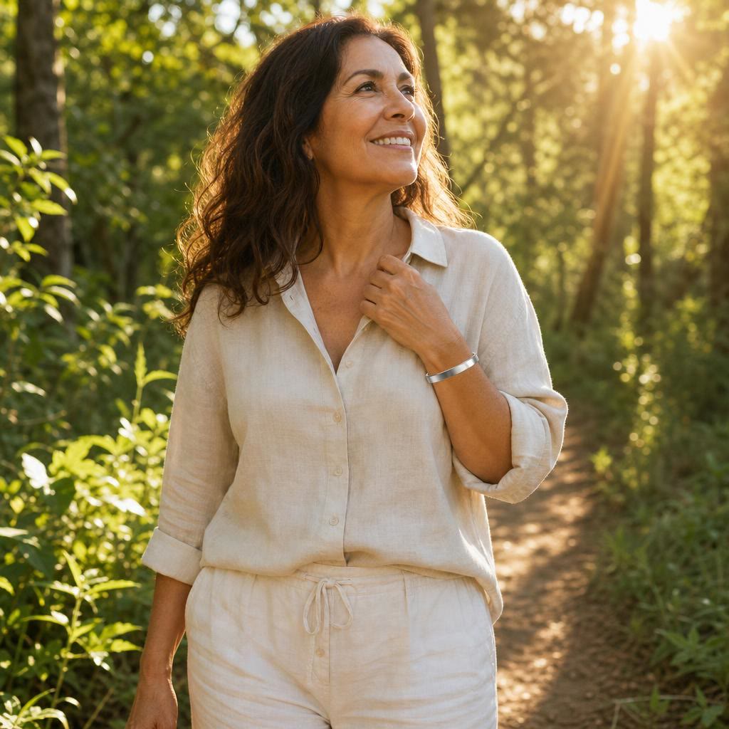 Mujer paseando por el bosque con su brazalete Feeliva plata