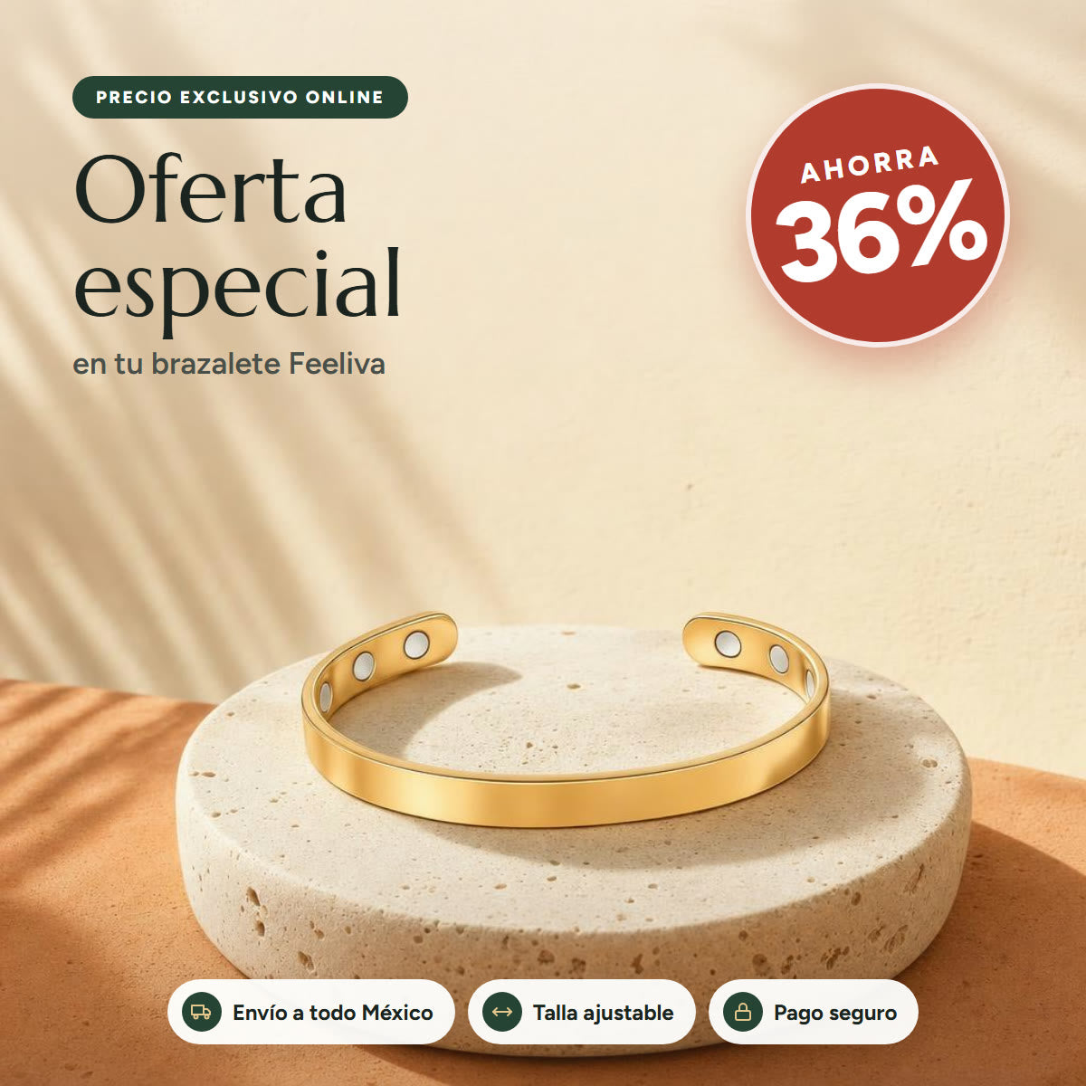 Oferta especial: ahorra 36% en tu brazalete magnético Feeliva, con envío a todo México