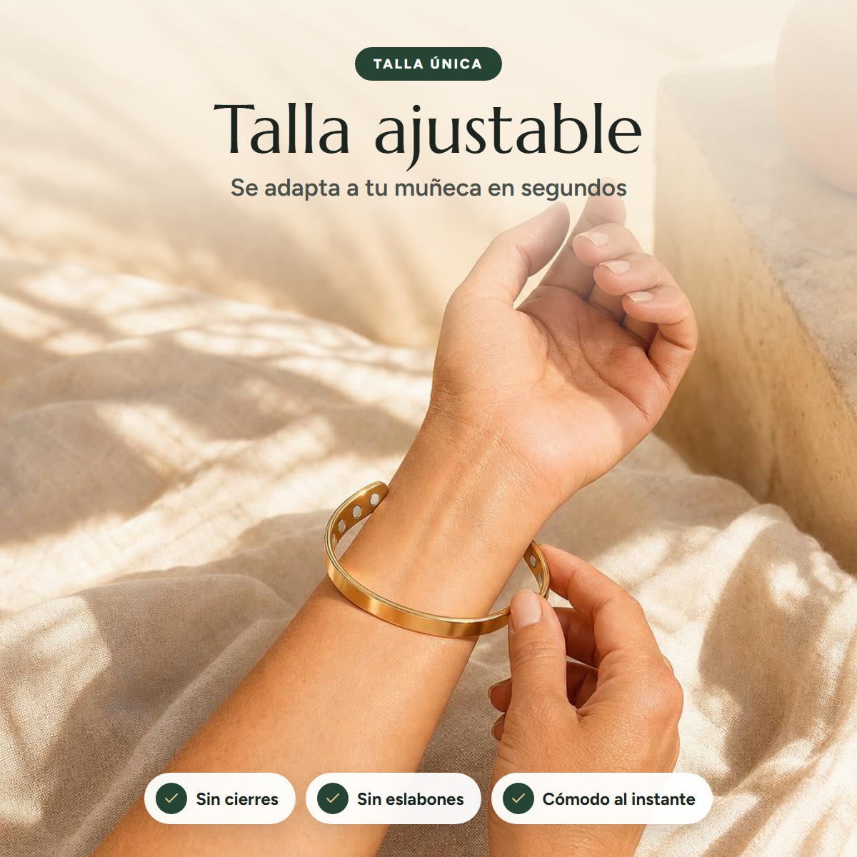 Brazalete Feeliva puesto en la muñeca: talla ajustable que se adapta en segundos