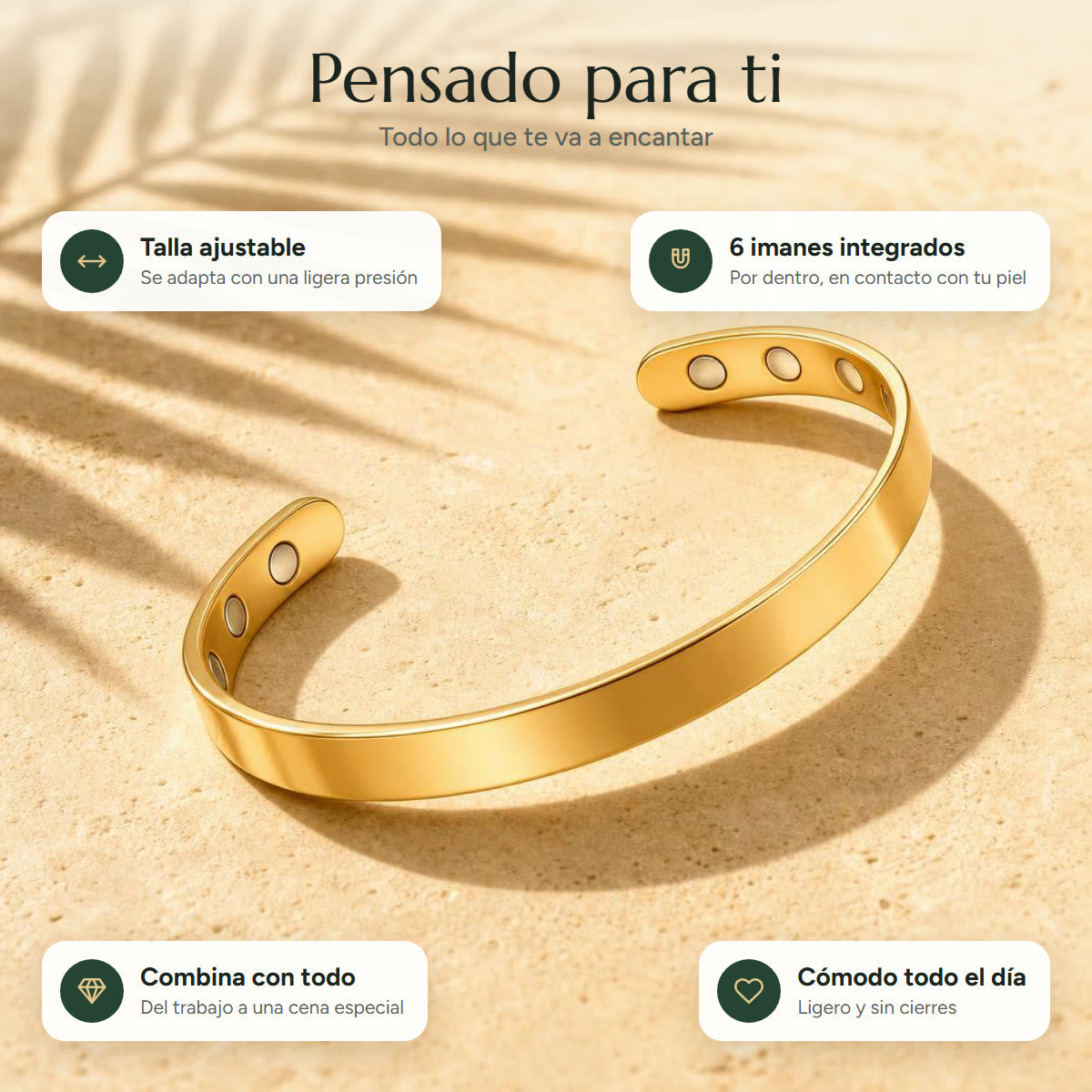 Beneficios del brazalete Feeliva: talla ajustable, 6 imanes integrados, combina con todo y es cómodo todo el día