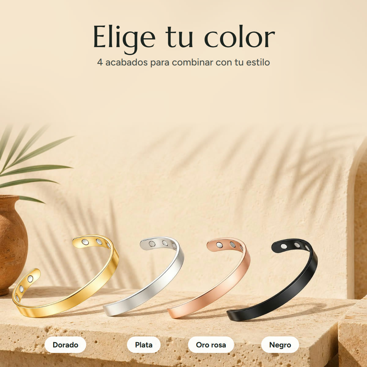 Elige tu color: brazalete magnético Feeliva en dorado, plata, oro rosa y negro