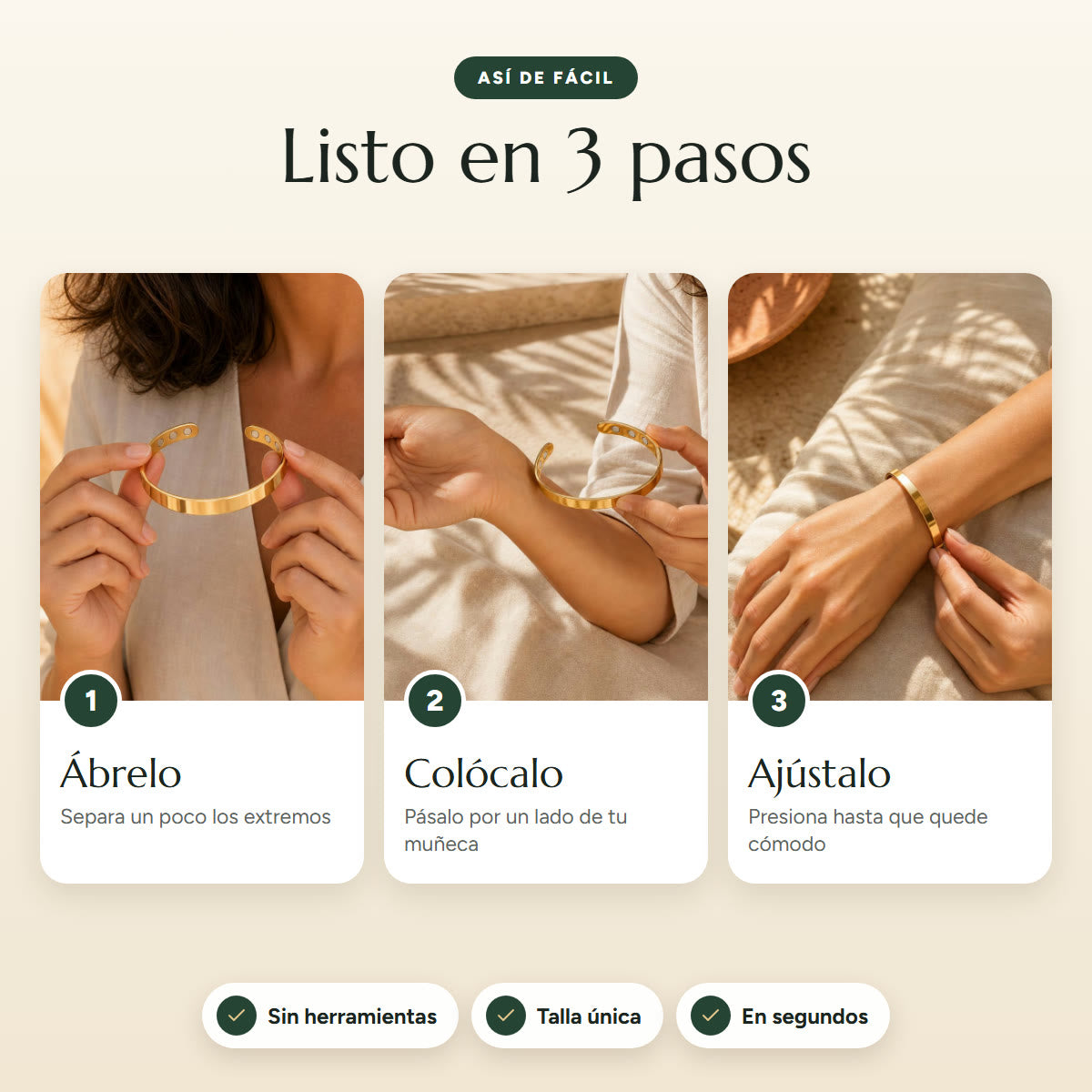 Cómo poner el brazalete Feeliva en 3 pasos: ábrelo, colócalo en la muñeca y ajústalo