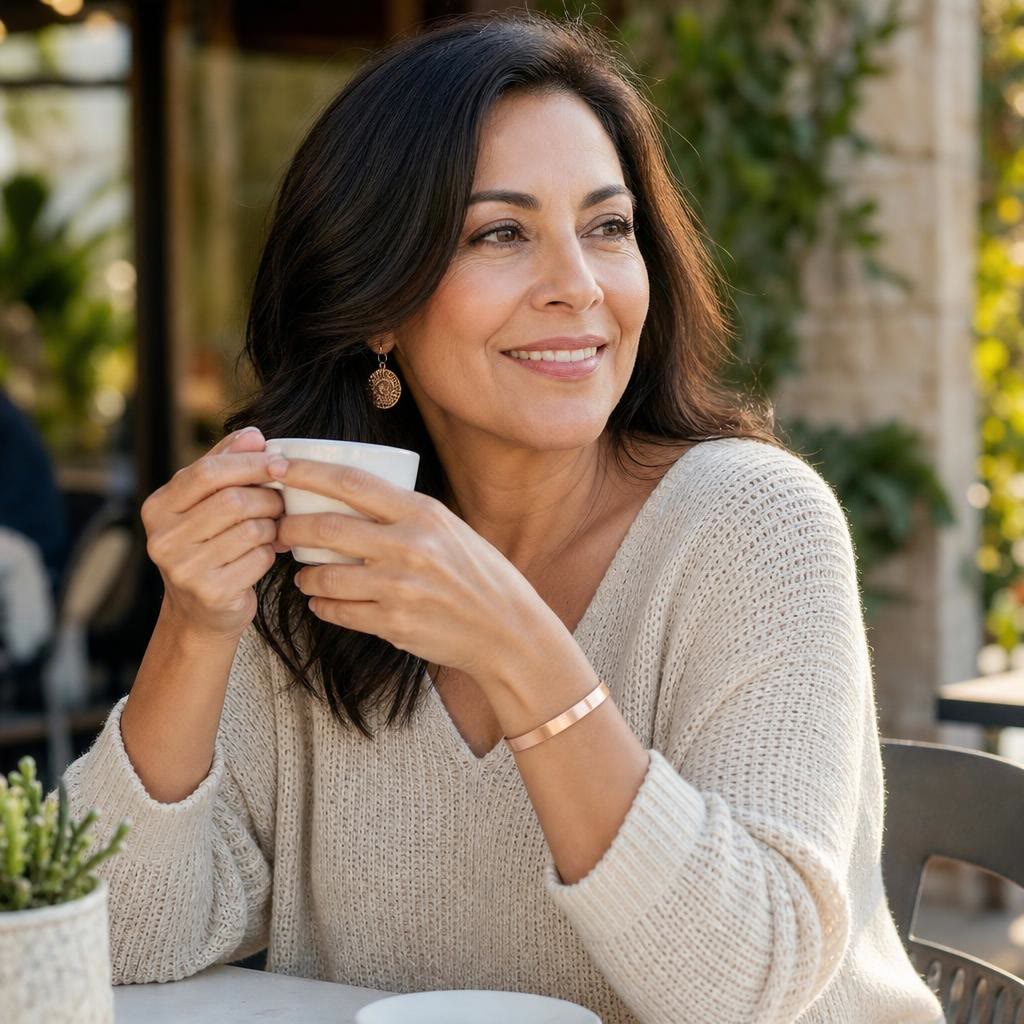 Mujer con brazalete Feeliva oro rosa en una cafetería